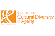 Logo of the Centre for Cultural Diversity in Ageing, supported by Benetas, featuring an orange design with abstract lines and text.